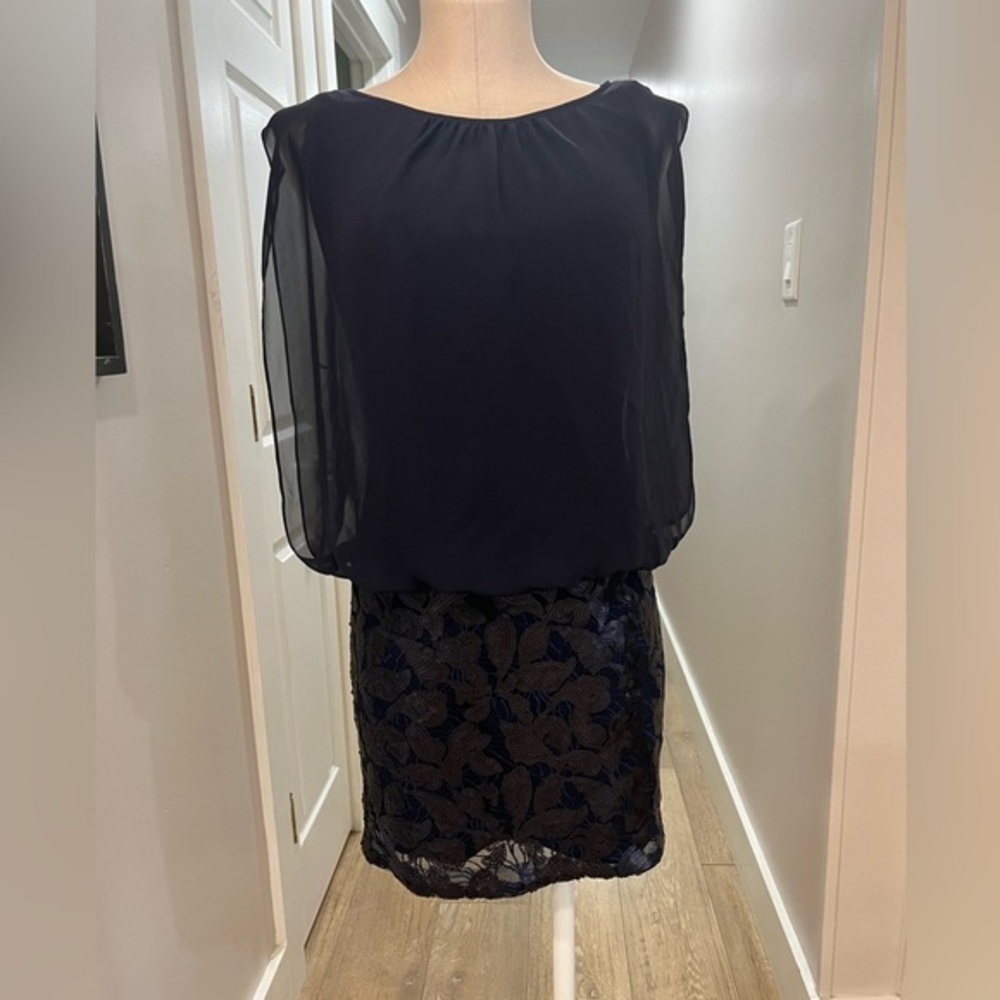 Aidan Aidan Mattox Navy Cocktail Dress with Sheer Flatter Top and Sequined Skirt - Picture 2 of 16